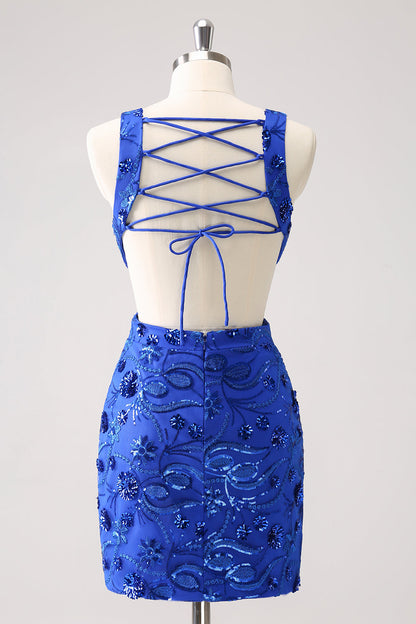 Sparkly Royal Blue Tight Hollow Out Sequin Short Homecoming Dress with Lace Up Back