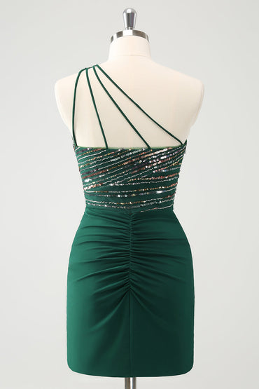 Sparkly Dark Green Bodycon One Shoulder Pleated Short Homecoming Dress with Sequins