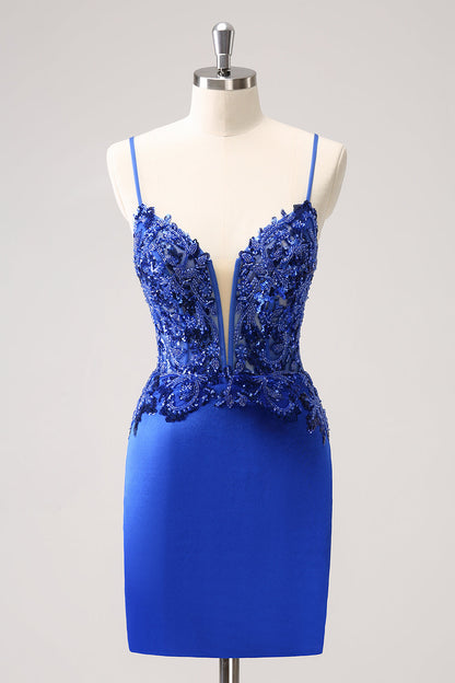 Royal Blue Tight Ruched Lace Up Back Short Homecoming Dress with Beading