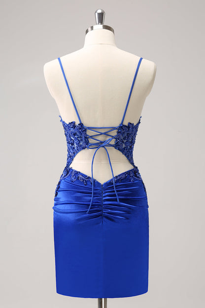 Royal Blue Tight Ruched Lace Up Back Short Homecoming Dress with Beading