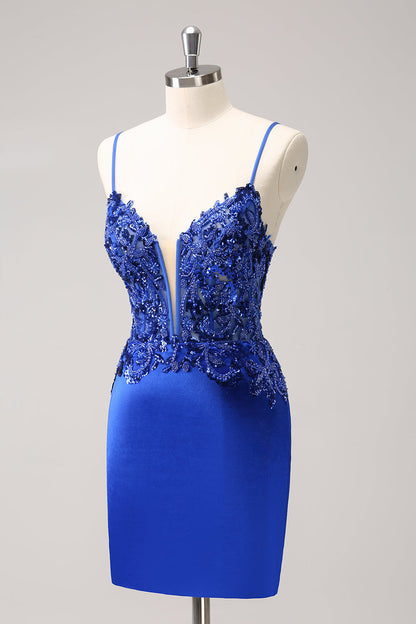 Royal Blue Tight Ruched Lace Up Back Short Homecoming Dress with Beading