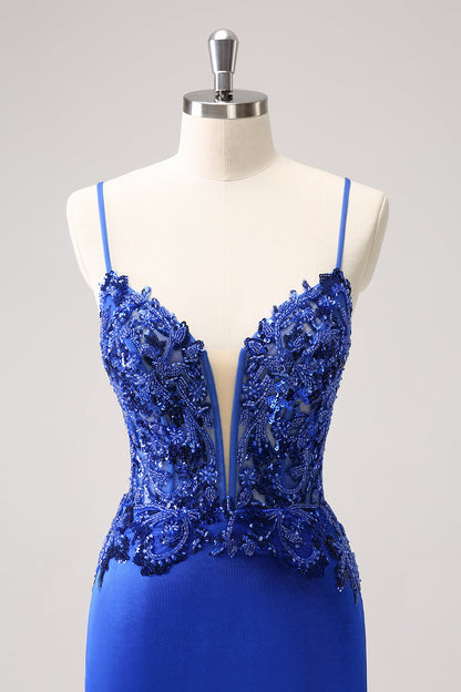 Royal Blue Tight Ruched Lace Up Back Short Homecoming Dress with Beading