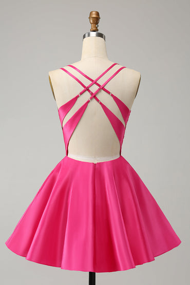 Fuchsia A Line Spaghetti Straps Backless Short Homecoming Dress