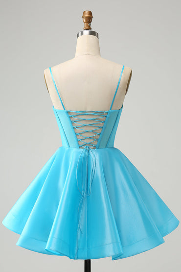 Blue A Line Spaghetti Straps Corset Short Homecoming Dress with Beading