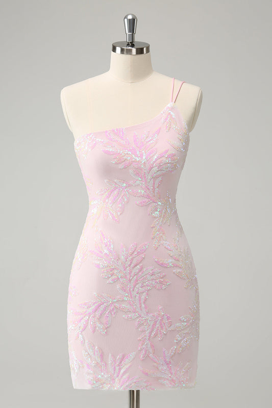 Sparkly Pink Bodycon One Shoulder Short Homecoming Dress with Sequins