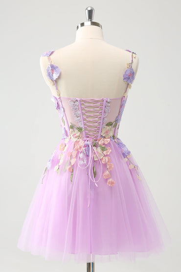 Gorgeous Purple A Line Spaghetti Straps Short Homecoming Dress with 3D Flowers