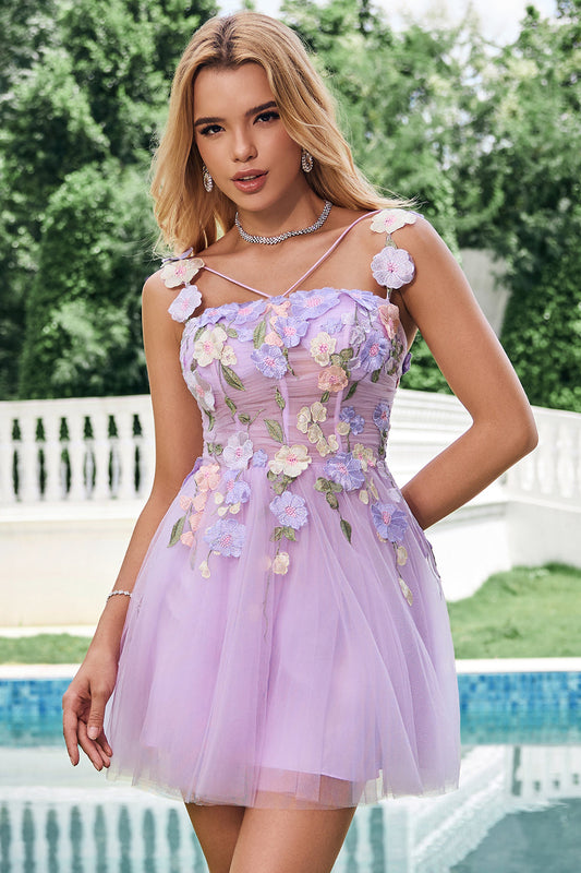 Gorgeous Purple A Line Corset Short Homecoming Dress with 3D Flowers