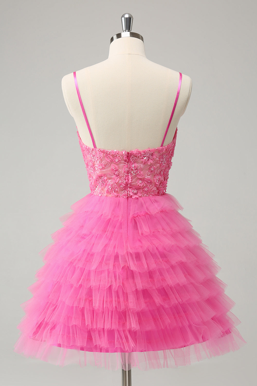 Pink A Line Spaghetti Straps Tiered Corset Short Homecoming Dress with Sequins