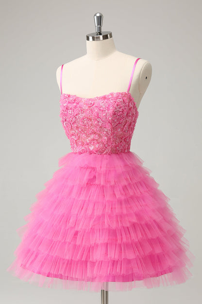 Pink A Line Spaghetti Straps Tiered Corset Short Homecoming Dress with Sequins