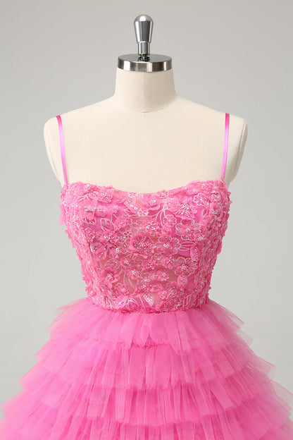 Pink A Line Spaghetti Straps Tiered Corset Short Homecoming Dress with Sequins