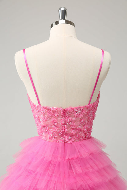 Pink A Line Spaghetti Straps Tiered Corset Short Homecoming Dress with Sequins