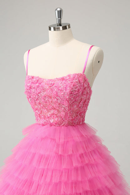 Pink A Line Spaghetti Straps Tiered Corset Short Homecoming Dress with Sequins