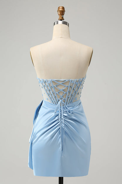 Stylish Blue Sweetheart Pleated Corset Short Tight Homecoming Dress with Beading