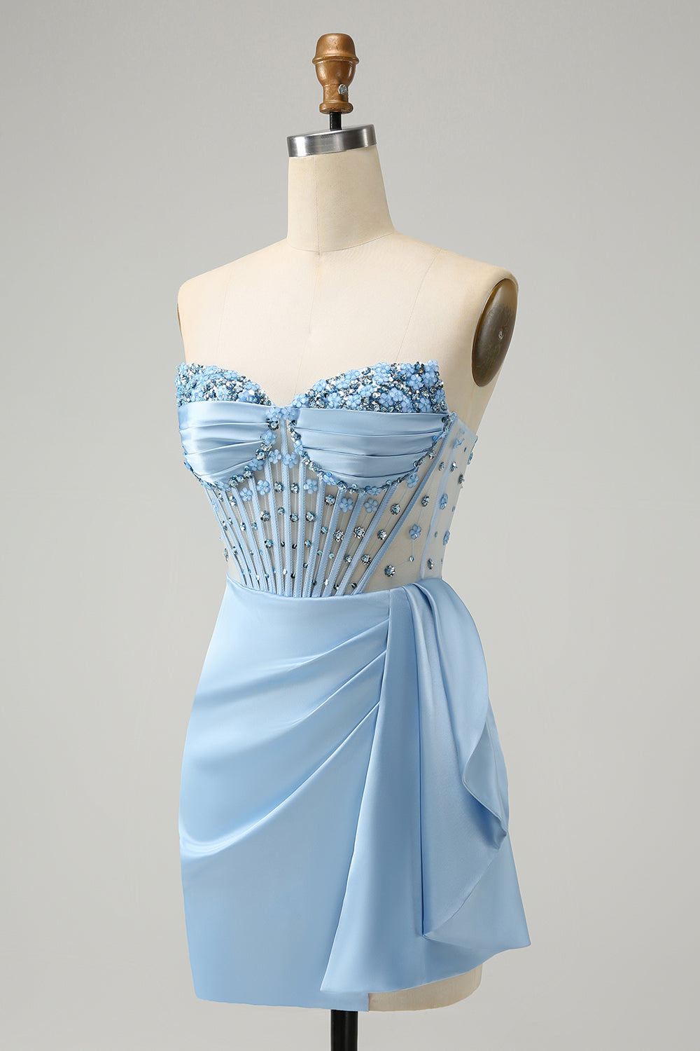 Stylish Blue Bodycon Sweetheart Pleated Corset Short Homecoming Dress with Beading