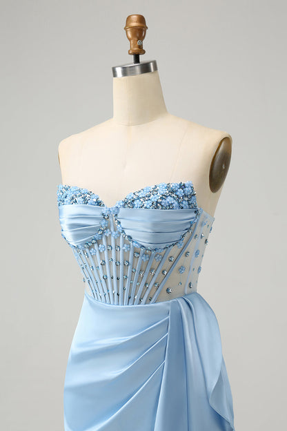 Stylish Blue Bodycon Sweetheart Pleated Corset Short Homecoming Dress with Beading