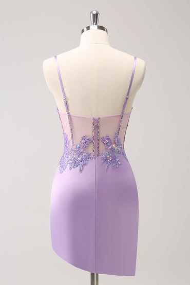 Unique Glitter Purple Corset Pleated Tight Homecoming Dress with Sequins