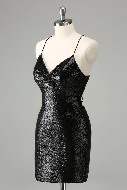 Black Bodycon Spaghetti Straps Sequins Short Homecoming Dress with Lace-up Back