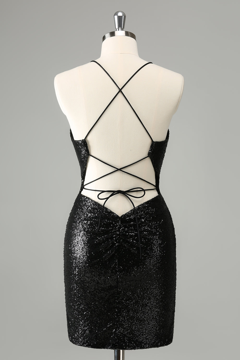 Black Bodycon Spaghetti Straps Sequins Short Homecoming Dress with Lace-up Back