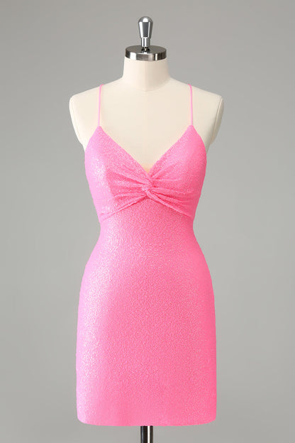 Pink Bodycon Spaghetti Straps Sequins Short Homecoming Dress with Lace-up Back