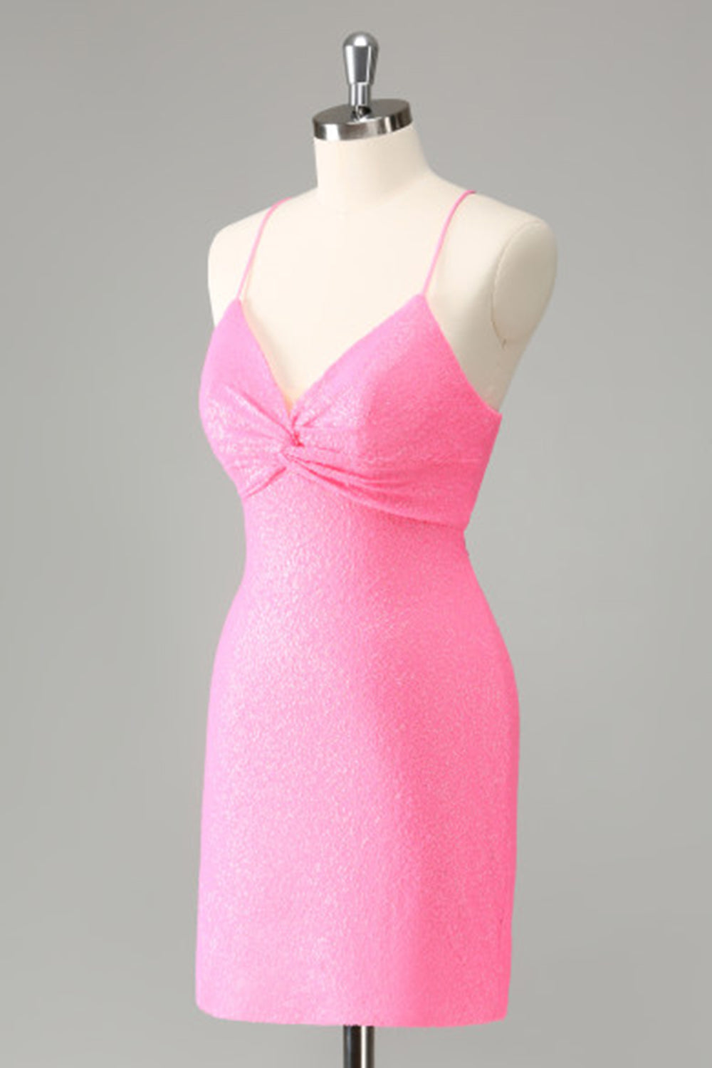 Pink Bodycon Spaghetti Straps Sequins Short Homecoming Dress with Lace-up Back