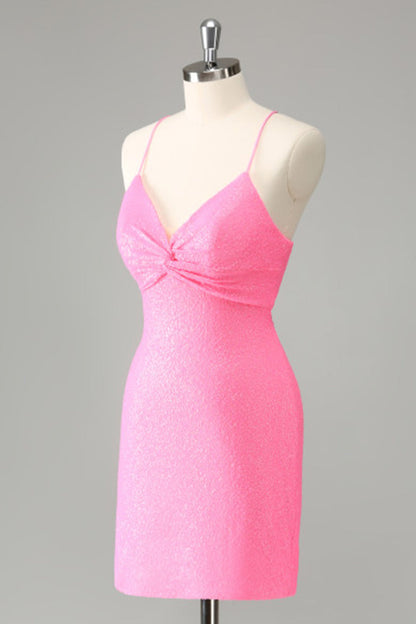 Pink Bodycon Spaghetti Straps Sequins Short Homecoming Dress with Lace-up Back