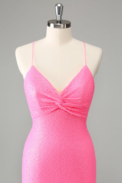 Pink Bodycon Spaghetti Straps Sequins Short Homecoming Dress with Lace-up Back