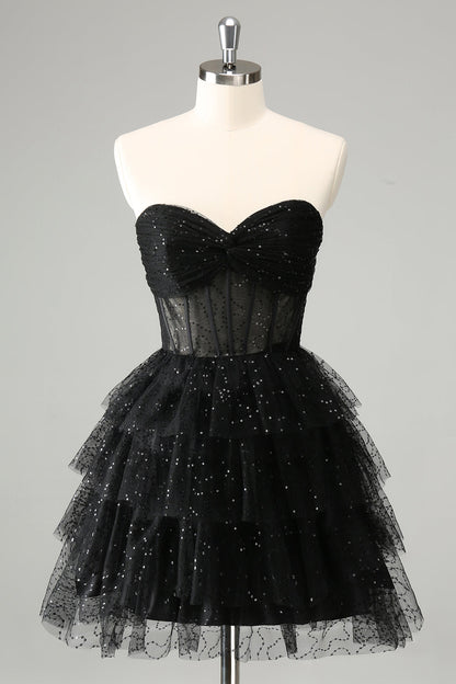 Sparkly Black A Line Sweetheart Pleated Corset Cute Homecoming Dress with Sequins