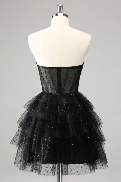 Cute Sparkly Black A Line Sweetheart Pleated Corset Homecoming Dress with Sequins