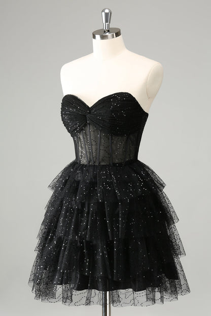 Sparkly Black A Line Sweetheart Pleated Corset Cute Homecoming Dress with Sequins