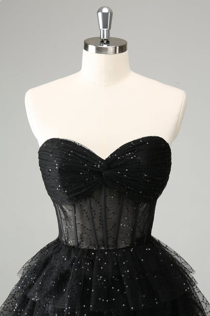 Cute Sparkly Black A Line Sweetheart Pleated Corset Homecoming Dress with Sequins