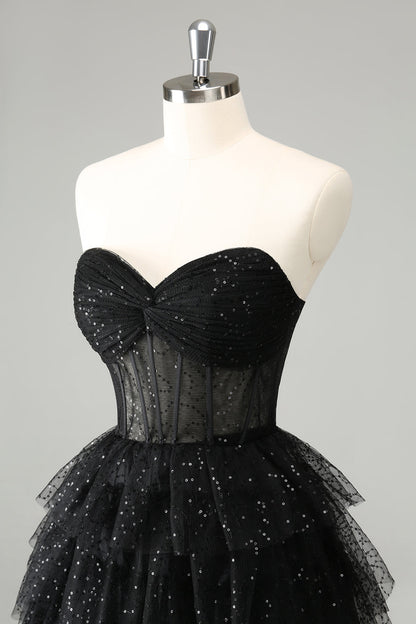 Cute Sparkly Black A Line Sweetheart Pleated Corset Homecoming Dress with Sequins