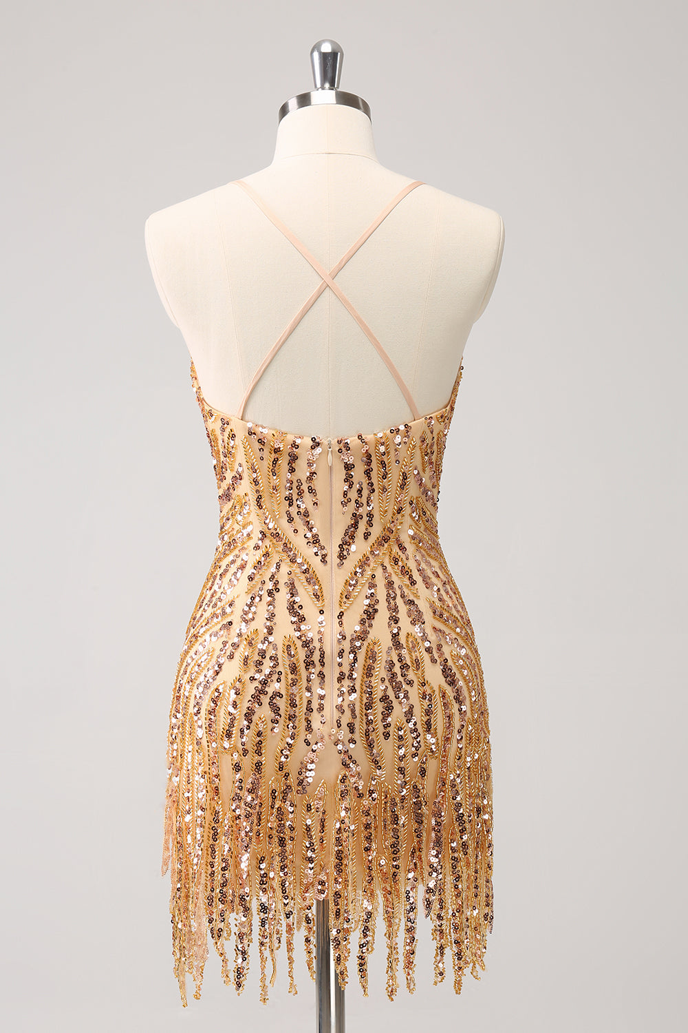 Sparkly Unique Gold Bodycon Spaghetti Straps Sequin Homecoming Dress with Tassel