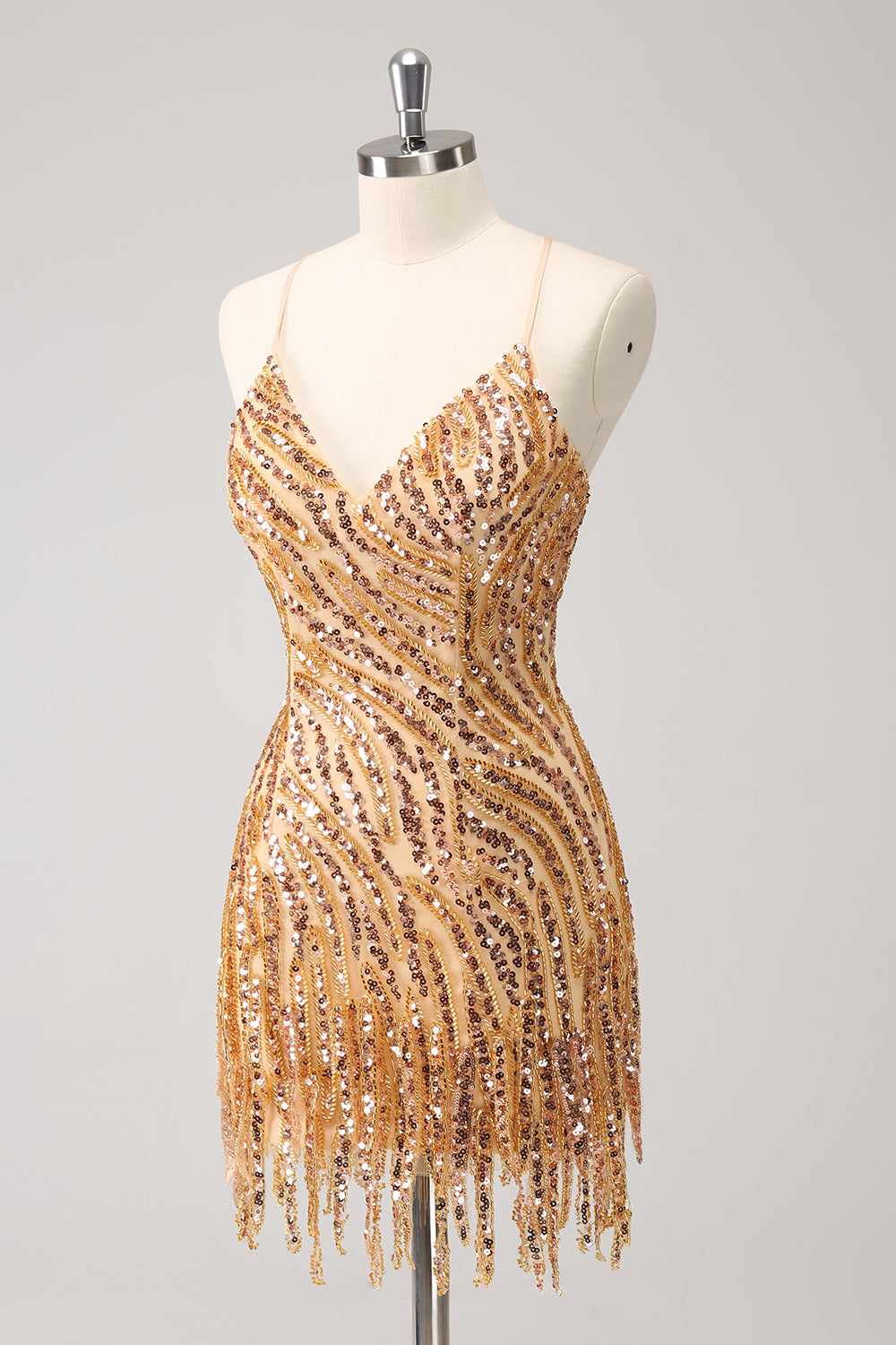 Sparkly Unique Gold Bodycon Spaghetti Straps Sequin Homecoming Dress with Tassel