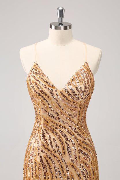 Sparkly Unique Gold Bodycon Spaghetti Straps Sequin Homecoming Dress with Tassel