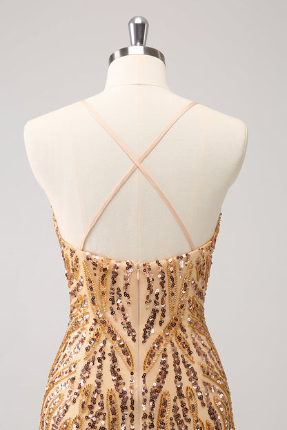 Sparkly Unique Gold Bodycon Spaghetti Straps Sequin Homecoming Dress with Tassel