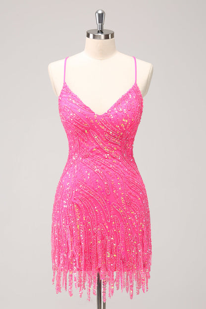 Sparkly Unique Gold Bodycon Spaghetti Straps Sequin Homecoming Dress with Tassel