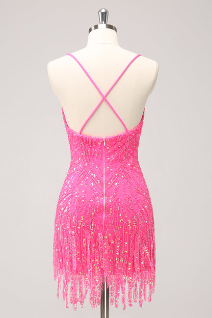 Sparkly Unique Gold Bodycon Spaghetti Straps Sequin Homecoming Dress with Tassel