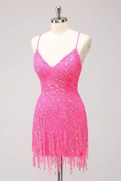 Sparkly Unique Gold Bodycon Spaghetti Straps Sequin Homecoming Dress with Tassel