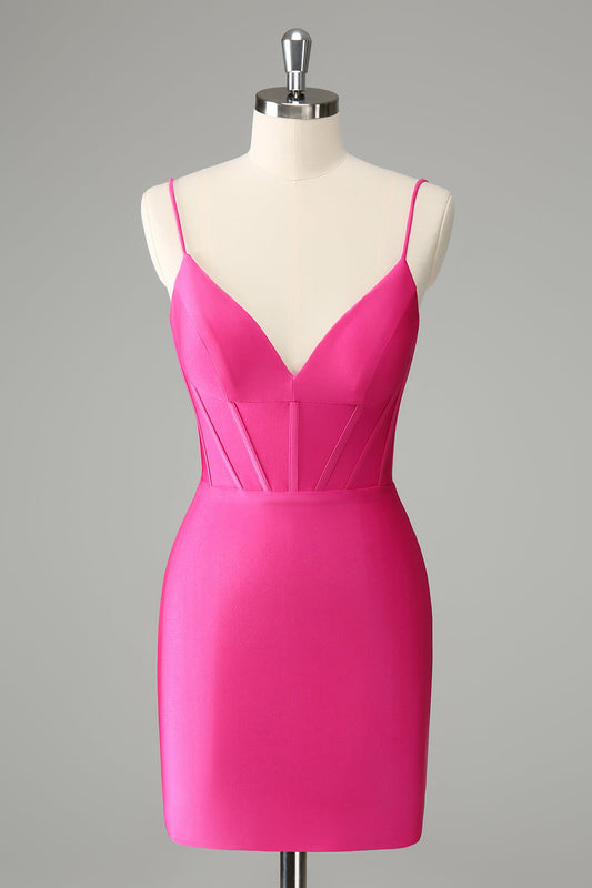 Fuchsia Tight Spaghetti Straps Pleated Short Homecoming Dress