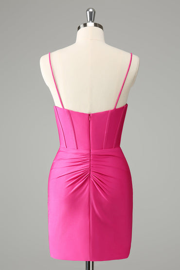 Fuchsia Tight Spaghetti Straps Pleated Short Homecoming Dress