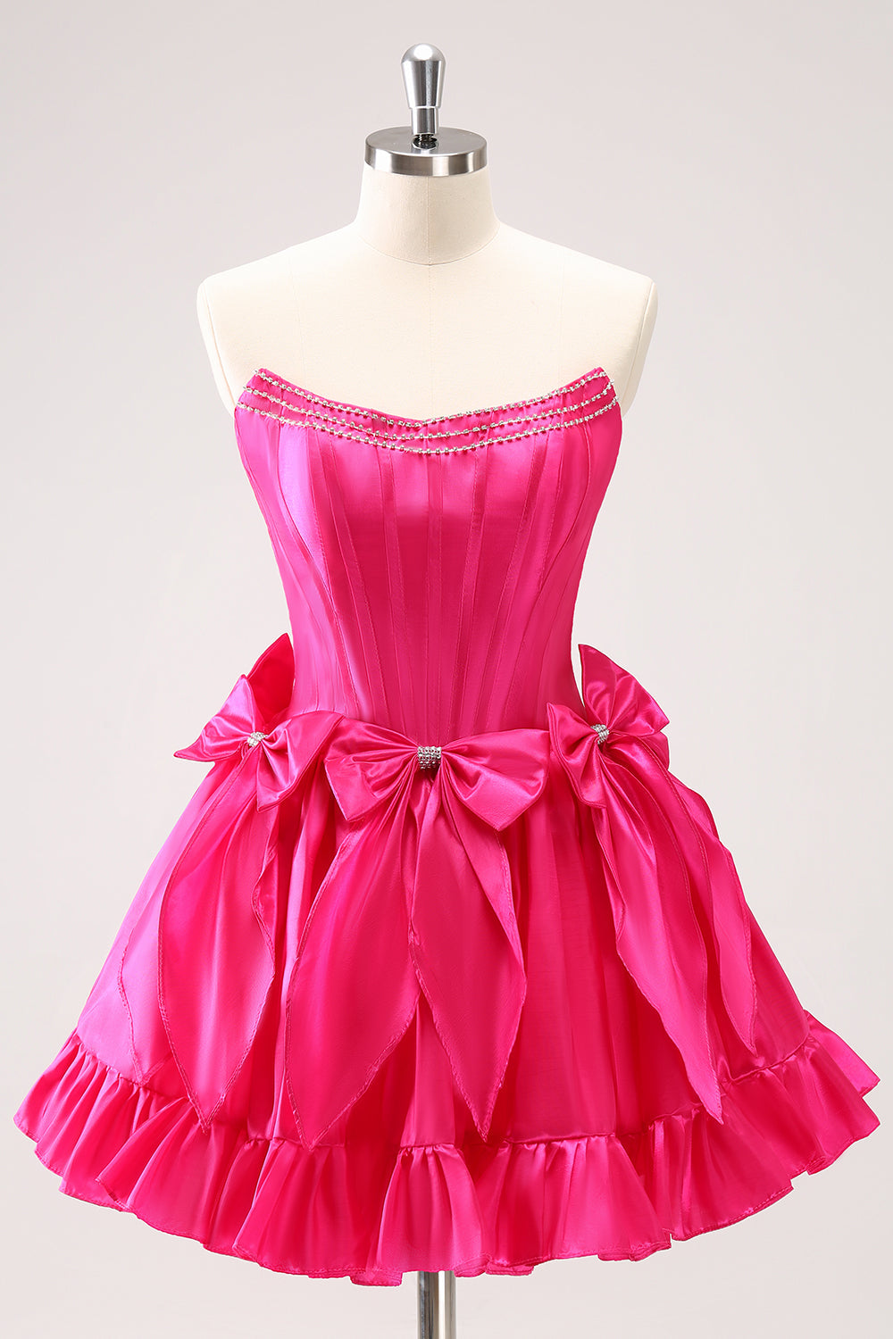 Cute Fuchsia A Line Strapless Corset Ruffle Beaded Homecoming Dress with Bows