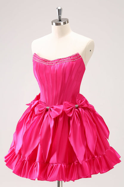 Cute Fuchsia A Line Strapless Corset Ruffle Beaded Homecoming Dress with Bows