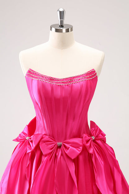 Cute Fuchsia A Line Strapless Corset Ruffle Beaded Homecoming Dress with Bows