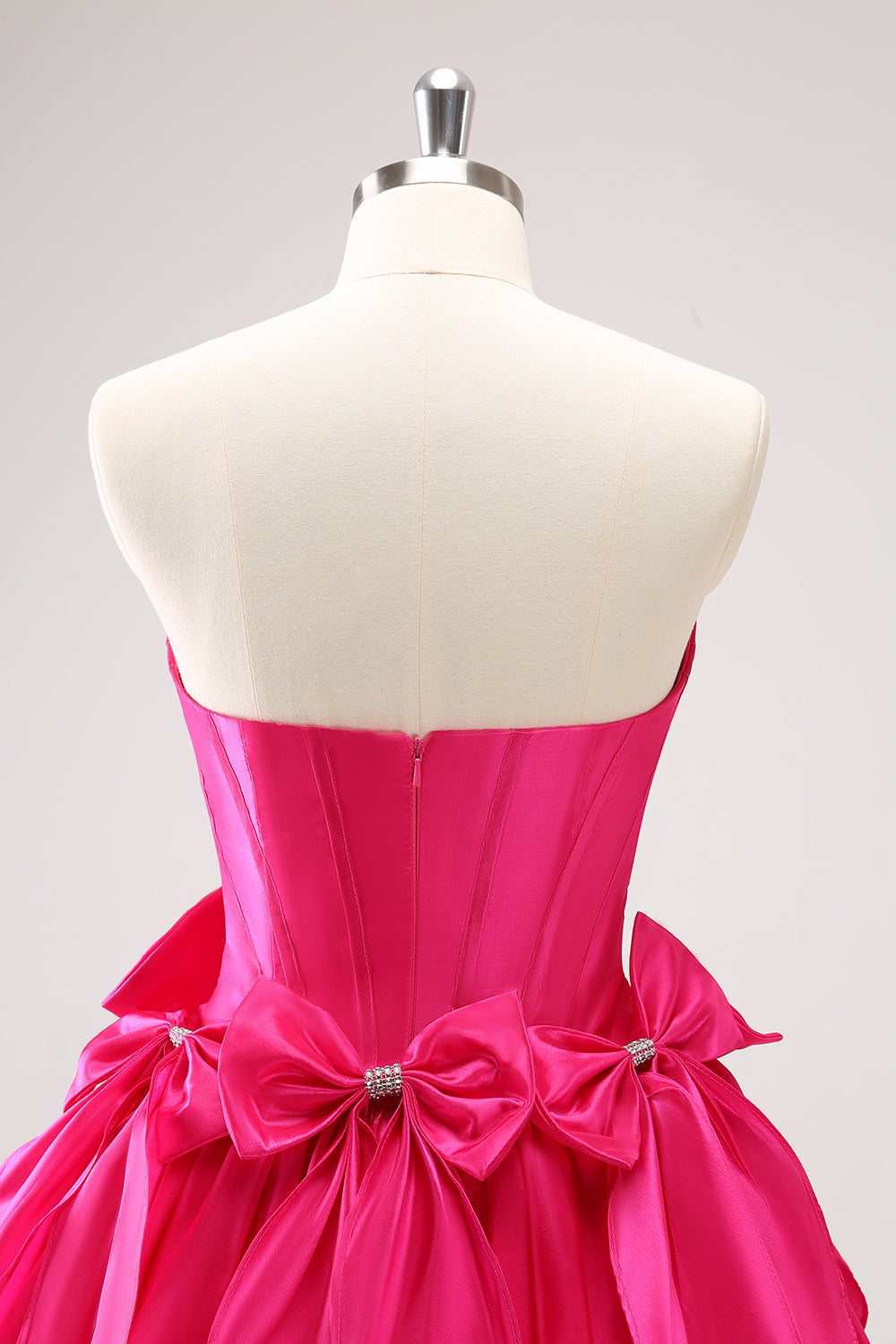 Cute Fuchsia A Line Strapless Corset Ruffle Beaded Homecoming Dress with Bows