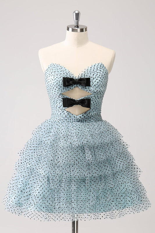 Elegant A Line Strapless Tiered Ruffle Cute Blue Homecoming Dress with Bows