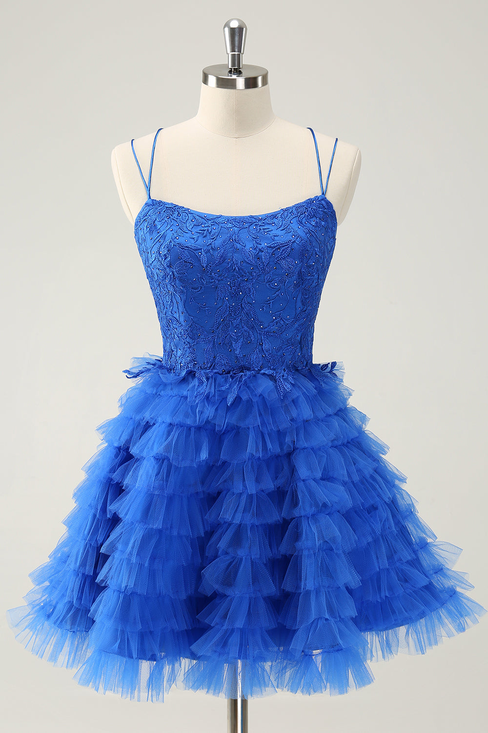 Cute Blue A Line Lace Up Back Tiered Short Homecoming Dress with Beading