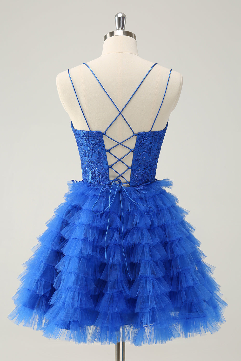 Cute Blue A Line Lace Up Back Tiered Short Homecoming Dress with Beading