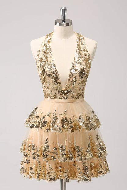 Sparkly A Line Halter Corset Tiered Backless Gold Homecoming Dress with Sequins