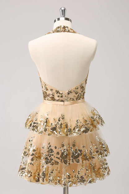 Sparkly A Line Halter Corset Tiered Backless Gold Homecoming Dress with Sequins