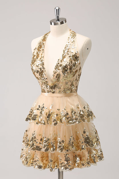 Sparkly A Line Halter Corset Tiered Backless Gold Homecoming Dress with Sequins